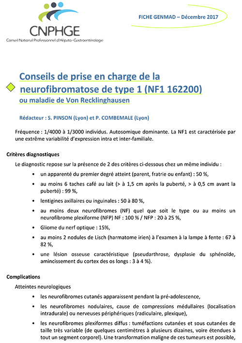 Fiche GENMAD_Conseils de prise en charge de la neurofibromatose de type 1 (NF1 162200) ou maladie de Von Recklinghausen_Couv_2017.png