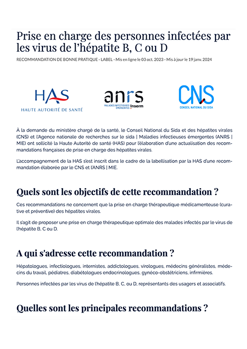 Recommandations pour la prise en charge des personnes infectées par les virus de l’hépatite B, C ou D