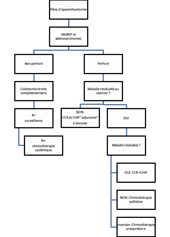 Algorithme en cas de découverte d’une néoplasie appendiculaire mucineuse de haut grade (HAMN) ou adénocarcinome sur pièce d’appendicectomie.