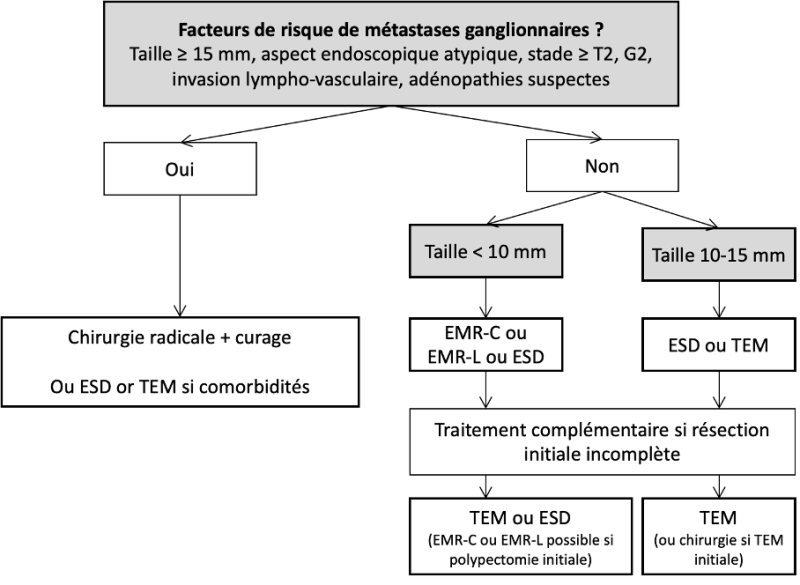 EMR-C, mucosectomie avec aspiration par capuchon ; ESD, dissection sous-muqueuse endoscopique ;